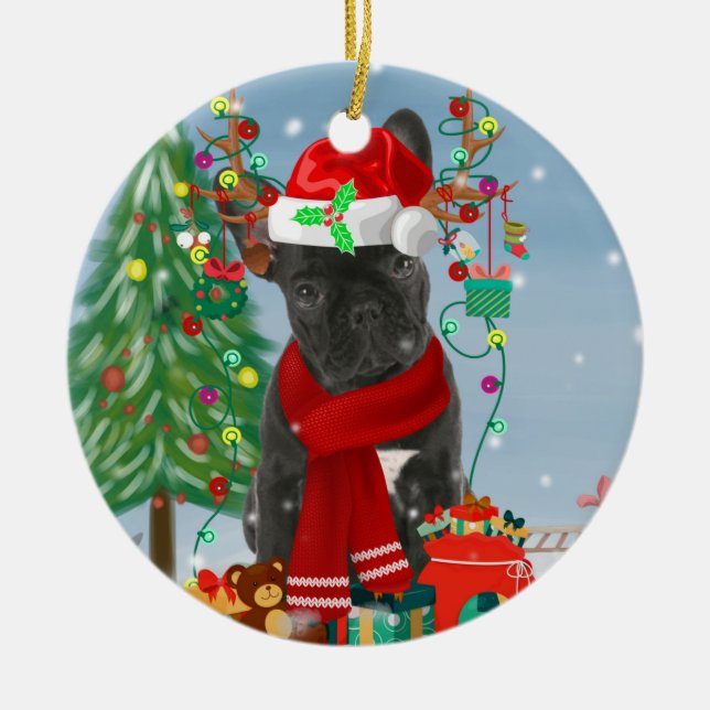 French Bulldog  in Snow with Christmas Gifts  Ceramic Ornament (Front)