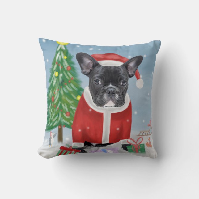French Bulldog  in Snow with Christmas Gifts Cushion (Front)