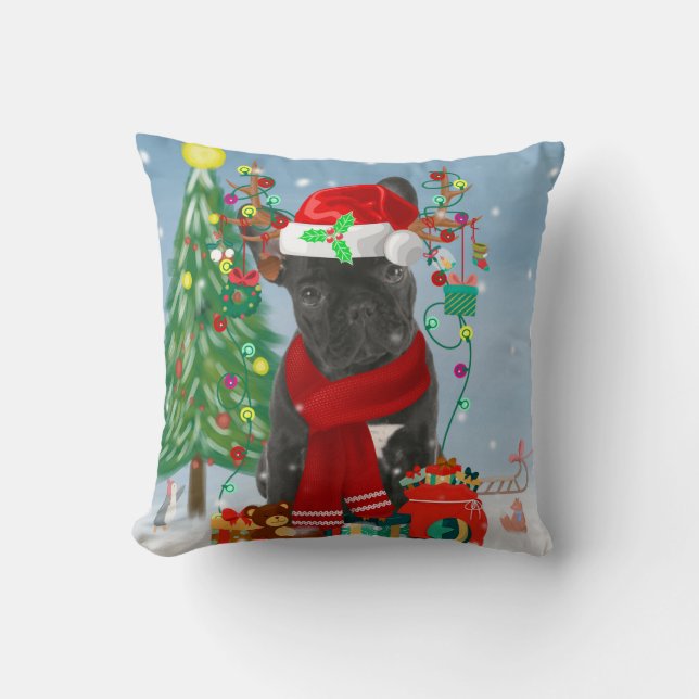 French Bulldog  in Snow with Christmas Gifts Cushion (Front)