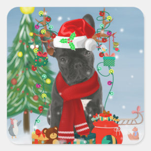 French Bulldog  in Snow with Christmas Gifts  Square Sticker