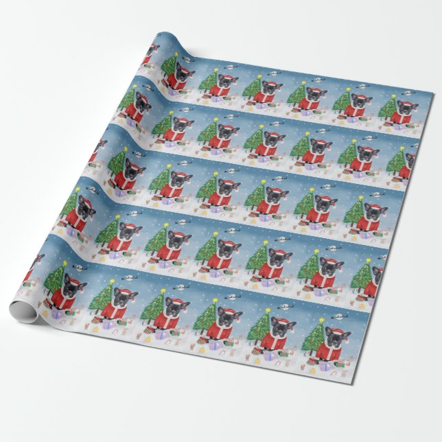 French Bulldog  in Snow with Christmas Gifts  Wrapping Paper (Unrolled)