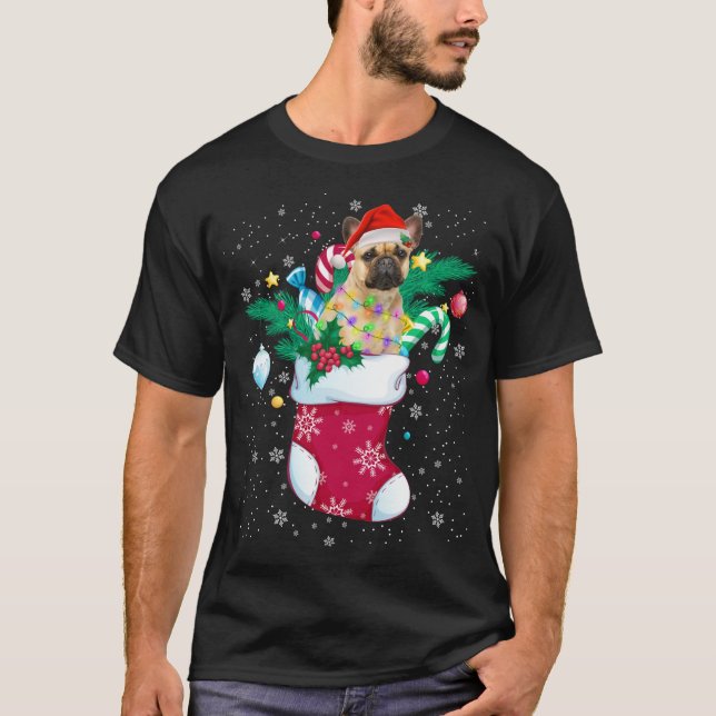 French Bulldog In Sock Funny Christmas Pajama Sant T-Shirt (Front)