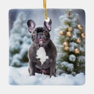 French Bulldog in the Snow Ceramic Ornament