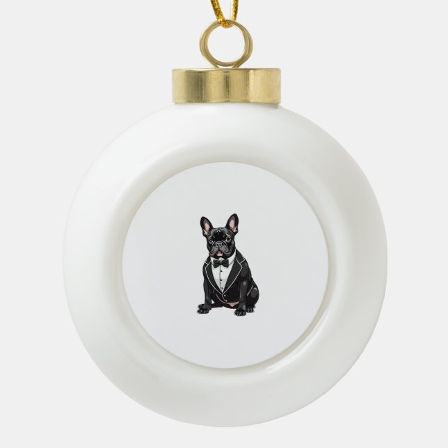 French Bulldog in Tuxedo Ceramic Ball Christmas Ornament (Front)