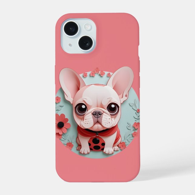 French Bulldog Ladybug Flowers Paper Cutting Art  iPhone 15 Case (Back)