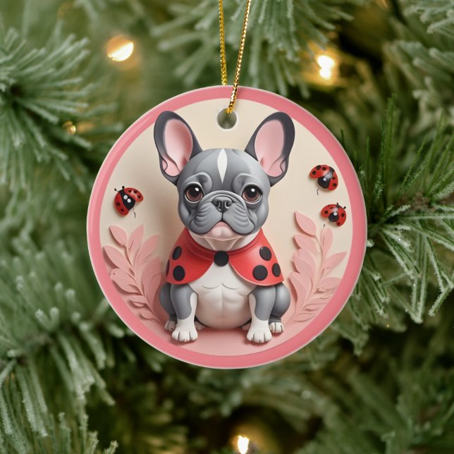 French Bulldog Ladybug Pastel Paper Cutting Art Ceramic Ornament (Tree)