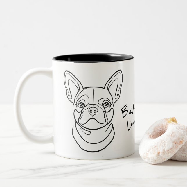 French Bulldog Line Art. Built Small. Loved Big. Two-Tone Coffee Mug (With Donut)
