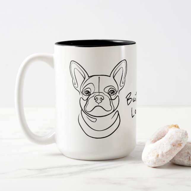 French Bulldog Line Art. Built Small. Loved Big. Two-Tone Coffee Mug (With Donut)