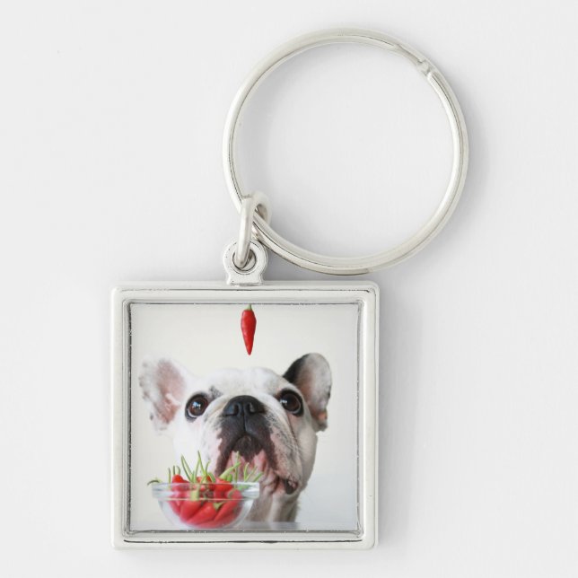 French Bulldog Looking At A Red Pepper Key Ring (Front)