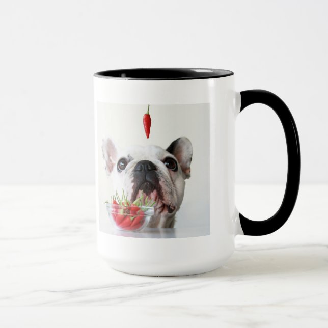 French Bulldog Looking At A Red Pepper Mug (Right)
