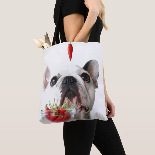 French Bulldog Looking At A Red Pepper Tote Bag (Close Up)