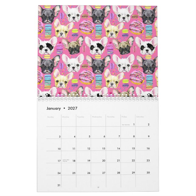 French Bulldog Macaron Pattern Calendar (Jan 2027)