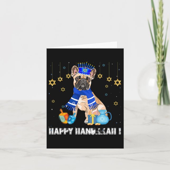 French Bulldog Menorah Hat Happy Chanukah Hanukkah Card (Front)