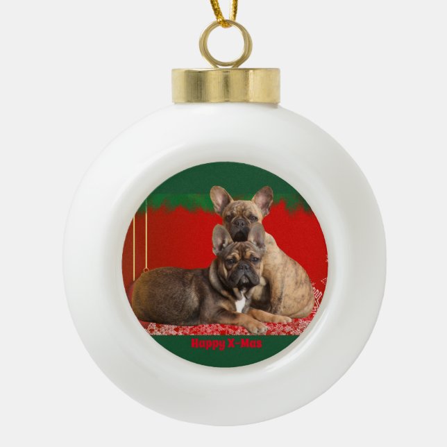 French Bulldog Merry Christmas Bulldog Ceramic Ball Christmas Ornament (Front)