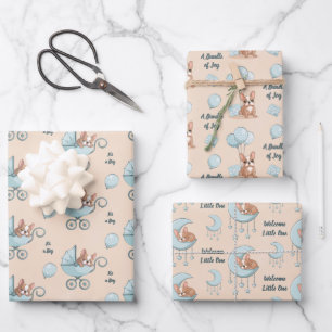 French Bulldog Moon Balloon Pram Boy Baby Shower Wrapping Paper Sheet