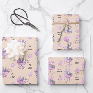 French Bulldog Moon Balloon Pram Girl Baby Shower Wrapping Paper Sheet