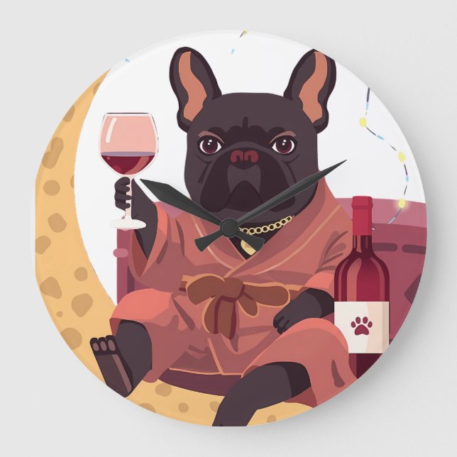 French Bulldog Mum Wine Night Large Clock (Front)