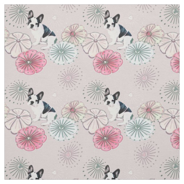 French Bulldog N Flowers Pattern Fabric (Swatch)
