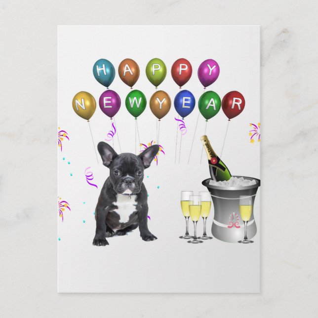 French Bulldog New Year Holiday Postcard (Front)
