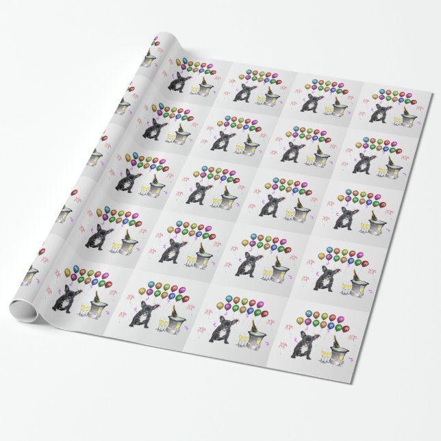 French Bulldog New Year Wrapping Paper (Unrolled)