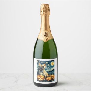 French Bulldog of van gogh starry night halloween Sparkling Wine Label