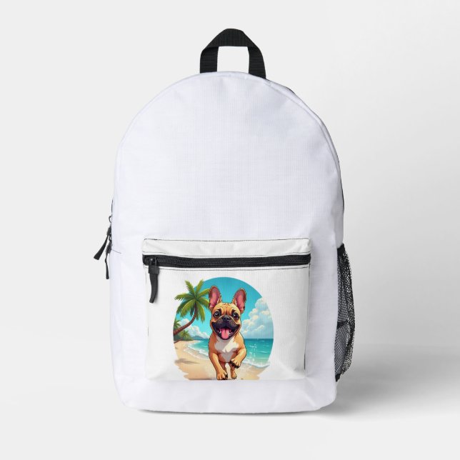 French Bulldog on a Beach Printed Backpack (Front)