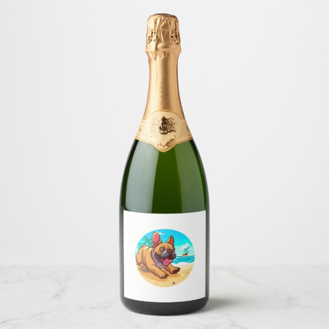 French Bulldog on a Beach Sparkling Wine Label (Front)