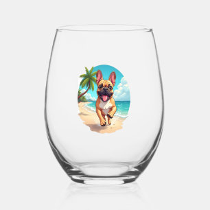 French Bulldog on a Beach Stemless Wine Glass