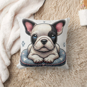 French Bulldog on a Heart-Themed Cushion