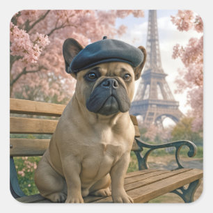 French Bulldog On a Paris Park Bench Square Sticker