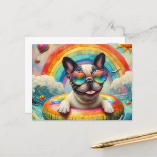 French Bulldog on a Rainbow Colour Float Postcard