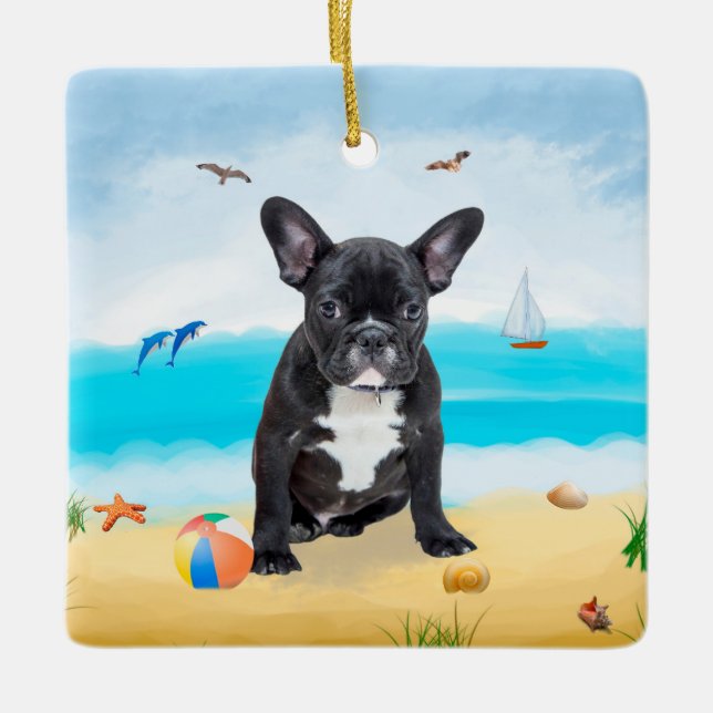French Bulldog on Beach Ceramic Ornament (Front)