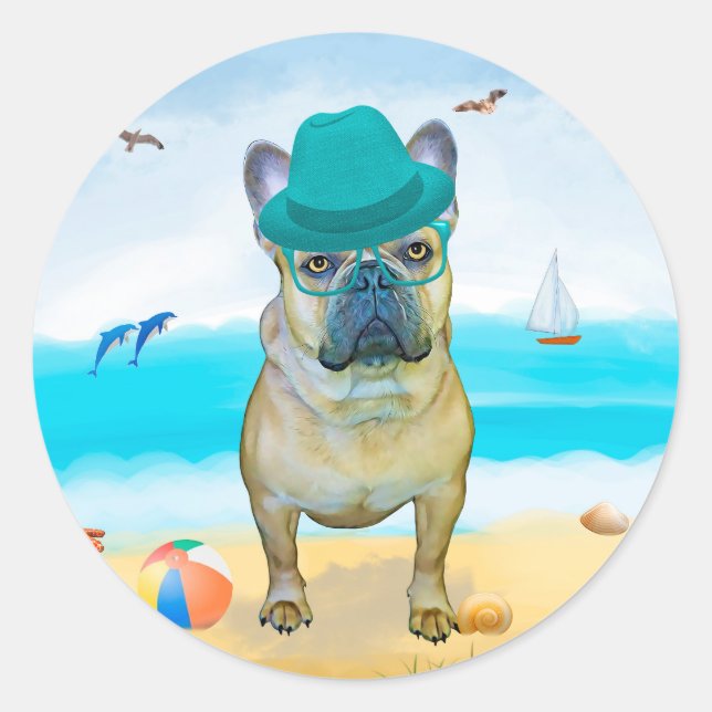 French Bulldog on Beach Classic Round Sticker (Front)
