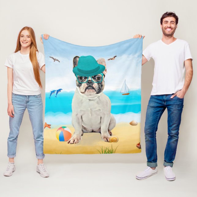 French Bulldog on Beach Fleece Blanket (In Situ)