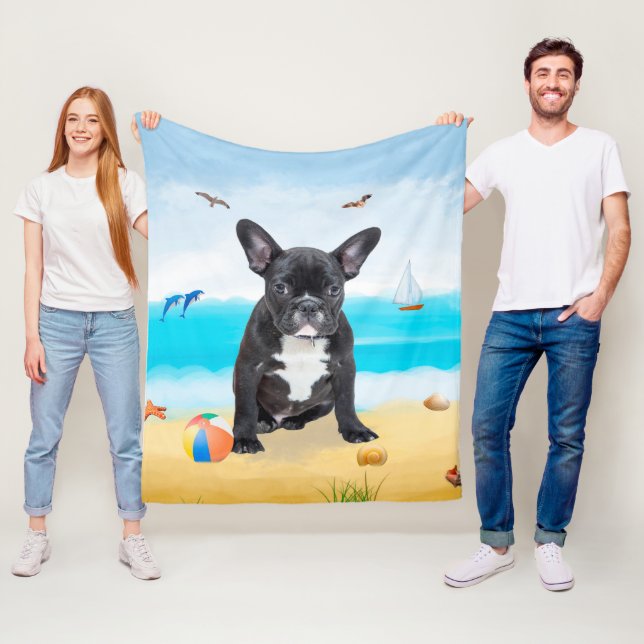French Bulldog on Beach Fleece Blanket (In Situ)