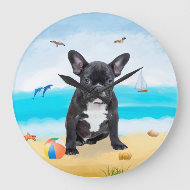 French Bulldog on Beach Large Clock (Front)