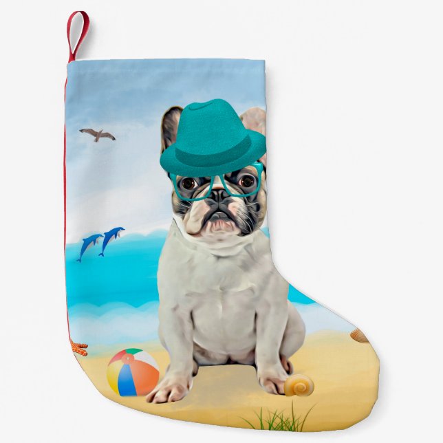 French Bulldog on Beach Small Christmas Stocking (Front)