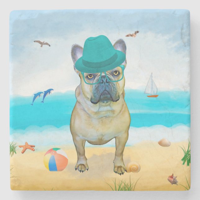 French Bulldog on Beach  Stone Coaster (Front)