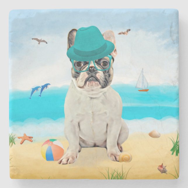 French Bulldog on Beach Stone Coaster (Front)
