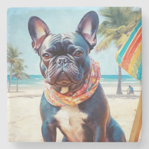 French Bulldog on Beach, summer gift for dog lover Stone Coaster