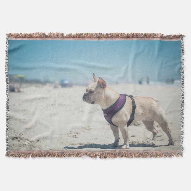French Bulldog On Beach Throw Blanket (Front)