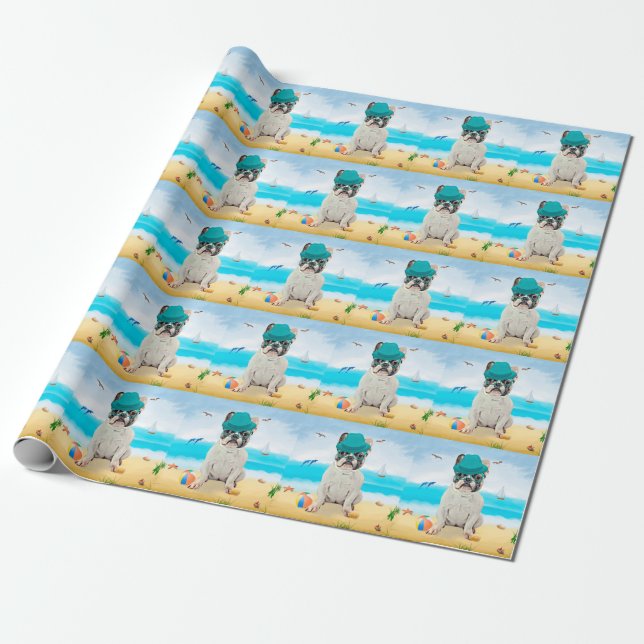 French Bulldog on Beach Wrapping Paper (Unrolled)
