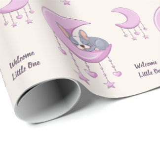French Bulldog on Moon Pink Baby Girl Baby Shower Wrapping Paper