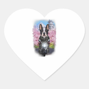French Bulldog On Motorcycle Tour Japanese Sakura Heart Sticker