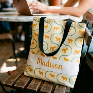 French Bulldog Pattern Custom Name Lemon Yellow Tote Bag