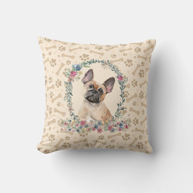 French Bulldog Paw Print & Floral Cute Cushion (Front)