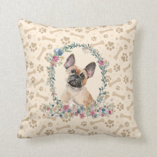 French Bulldog Paw Print & Floral Cute Cushion