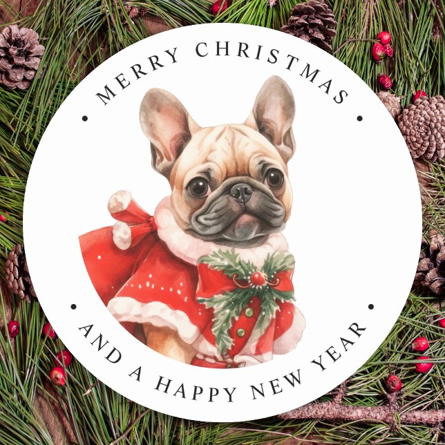 French Bulldog Personalised Puppy Dog Christmas  Classic Round Sticker (Creator Uploaded)