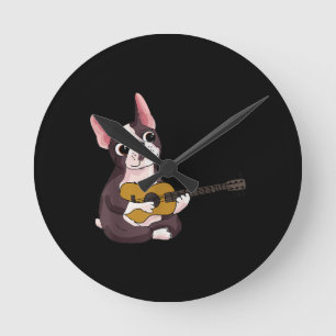 French Bulldog Playing Guitar Guitarist Frenchie Round Clock
