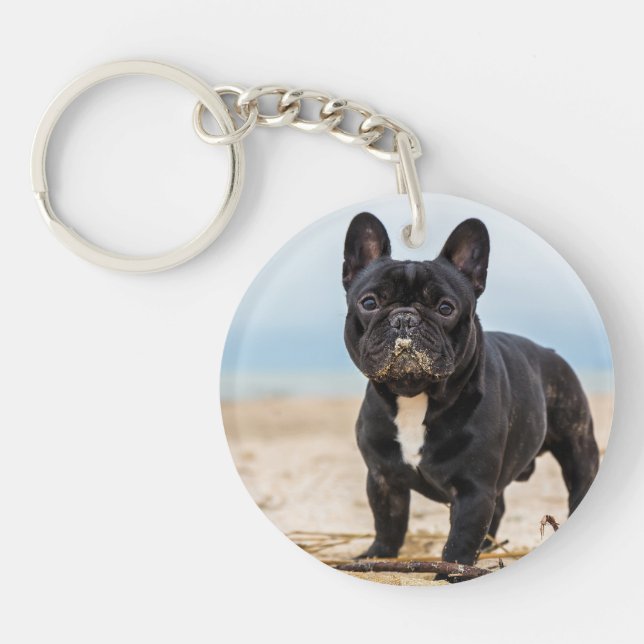 French Bulldog Playing in the Sand Key Ring (Front)